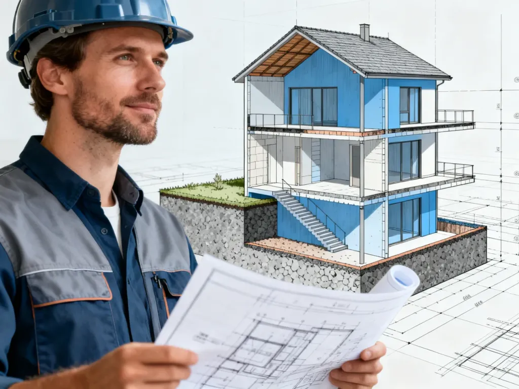 Architekt w kasku analizuje projekt techniczny przekroju domu, ukazujący kondygnacje, w tym poziom piwnicy.