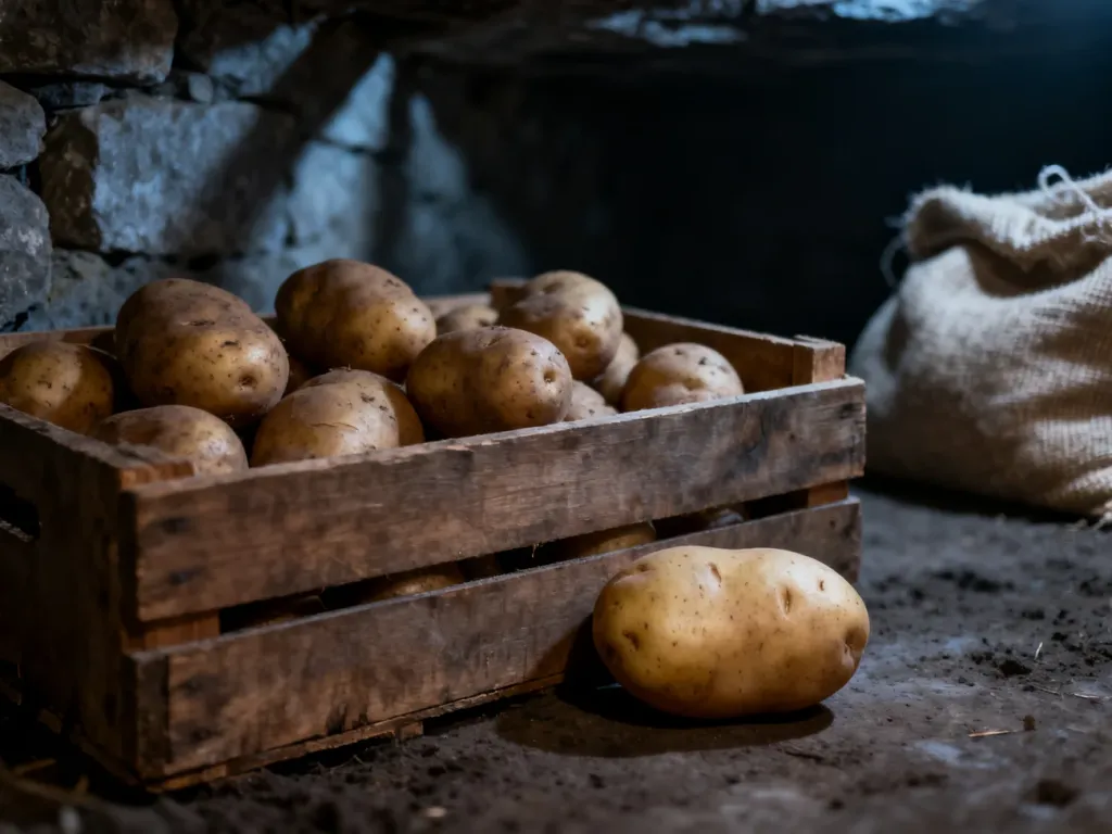 Świeże, jędrne ziemniaki w drewnianej skrzynce przechowywane w chłodnej, ciemnej piwnicy.
