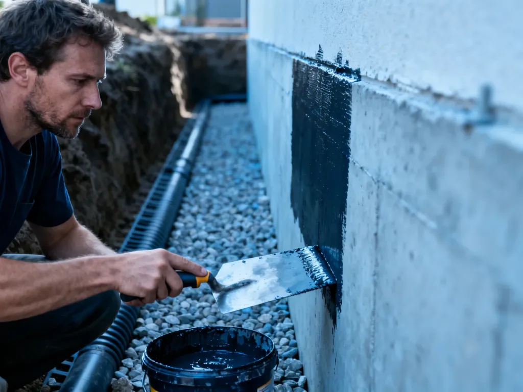 Pracownik budowlany nakłada masę hydroizolacyjną na betonową ścianę fundamentową piwnicy w wykopie z drenażem.