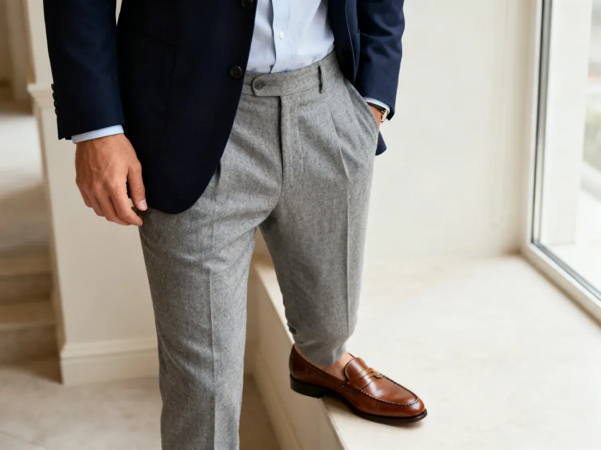 Mężczyzna w stylizacji business casual z brązowymi mokasynami