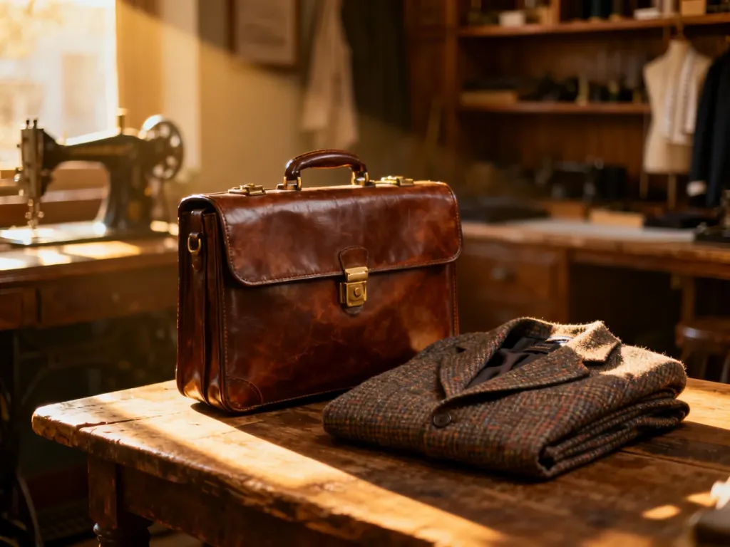 Skórzana aktówka i wełniana marynarka na drewnianym stole w klimacie retro, podkreślające estetykę męskiego stylu vintage.