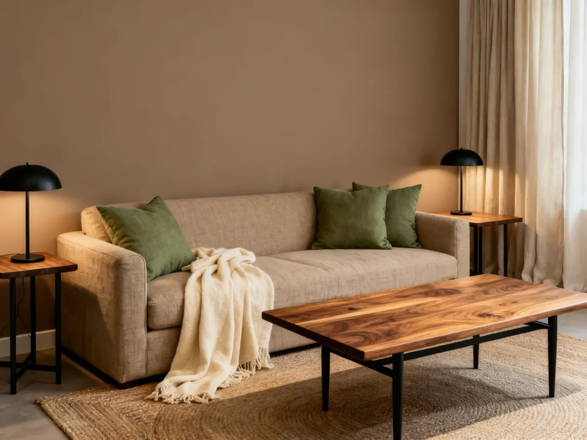 Taupe living room with wood, sage green, and contrasting accents