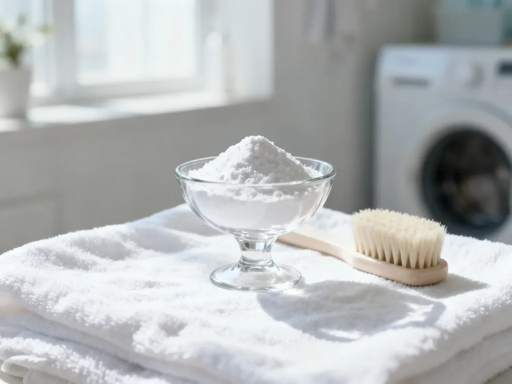 Biała tkanina obok miseczki z sodą oczyszczoną i szczoteczką, ilustrująca naturalne sposoby usuwania plam z ubrań.