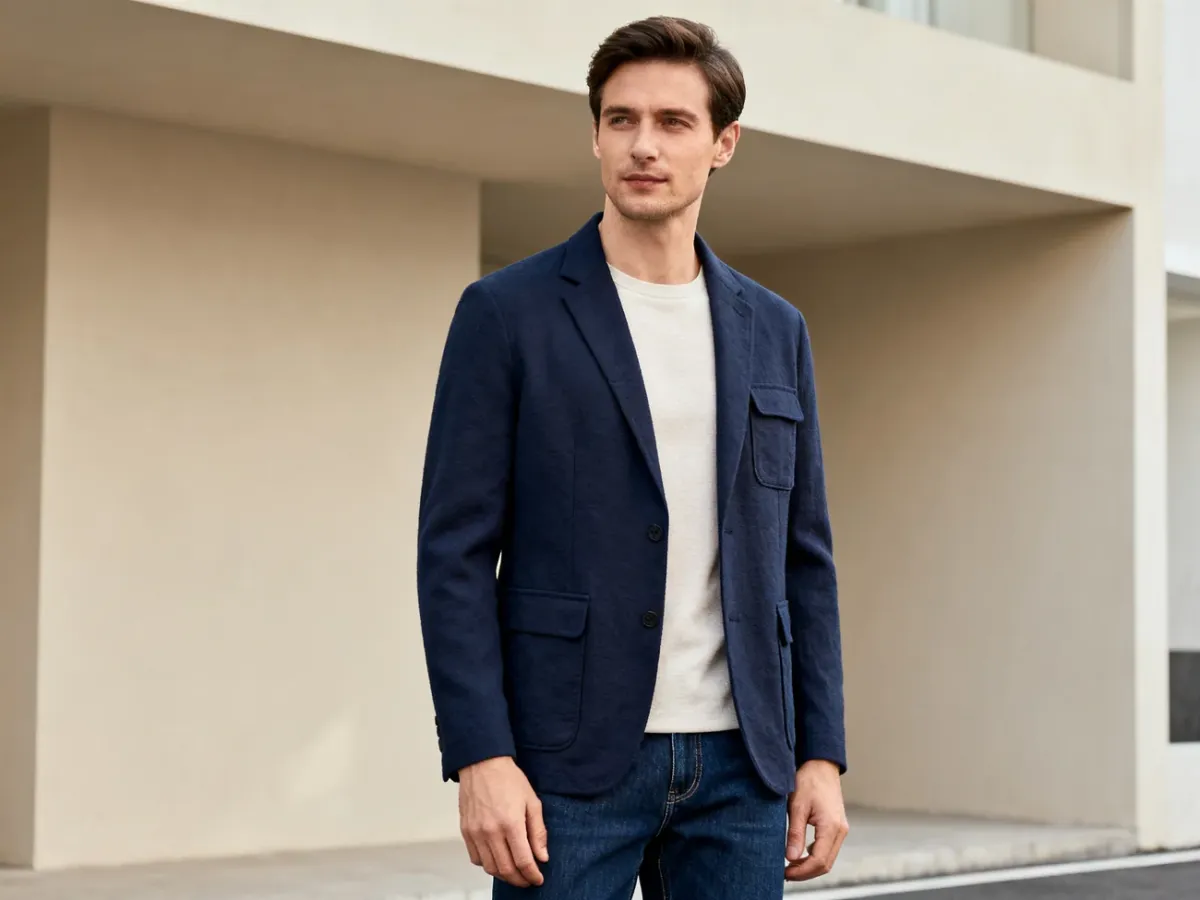 Mężczyzna w granatowym blezerze i ciemnych jeansach w stylizacji smart-casual