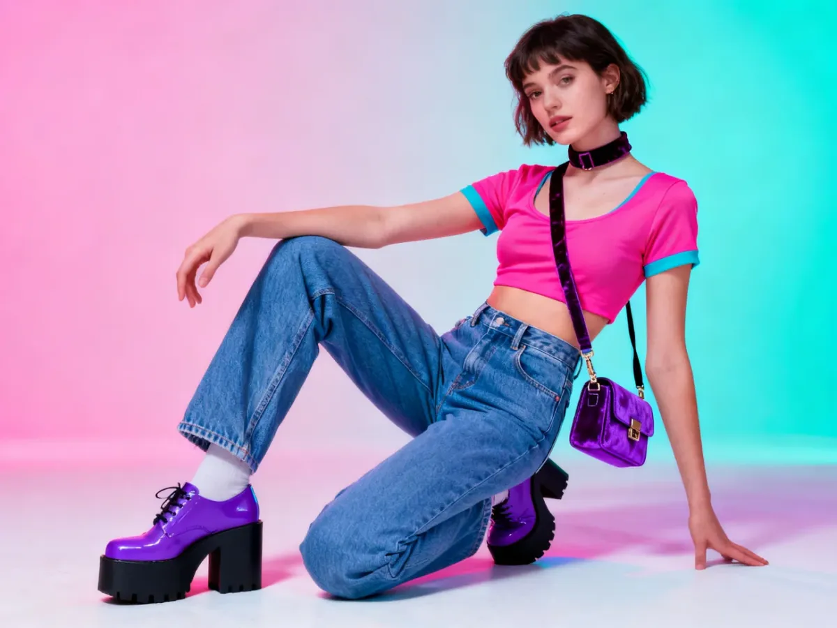 Kolorowa stylizacja pop z crop topem, mom jeans i dodatkami na platformach