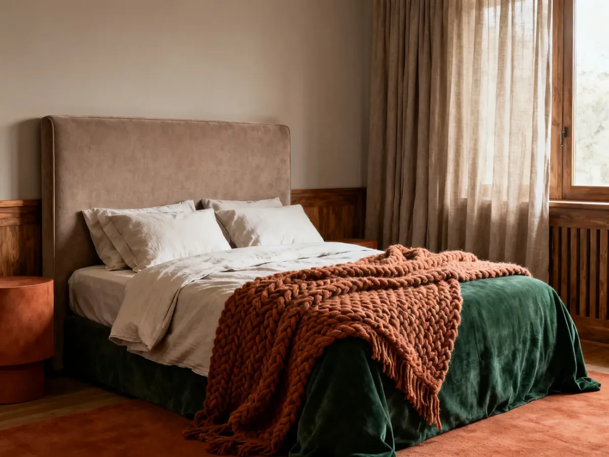 Taupe bedroom with layered fabrics, wood, and colorful accents