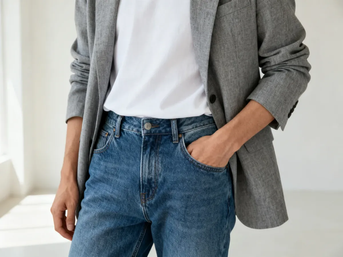 Blezer nałożony na biały T-shirt i dopasowane jeansy