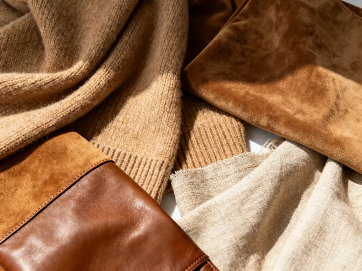 Zbliżenie na różnorodne materiały w kolorze camel