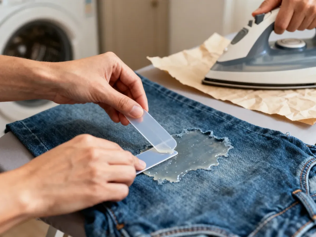 Usuwanie schłodzonego kleju na gorąco z dżinsu za pomocą plastikowej karty