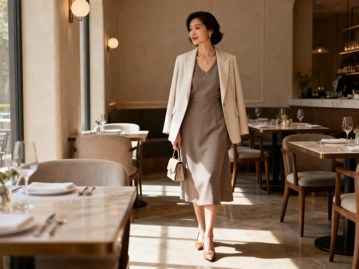 Kobieta w eleganckiej sukience midi z marynarką w restauracji