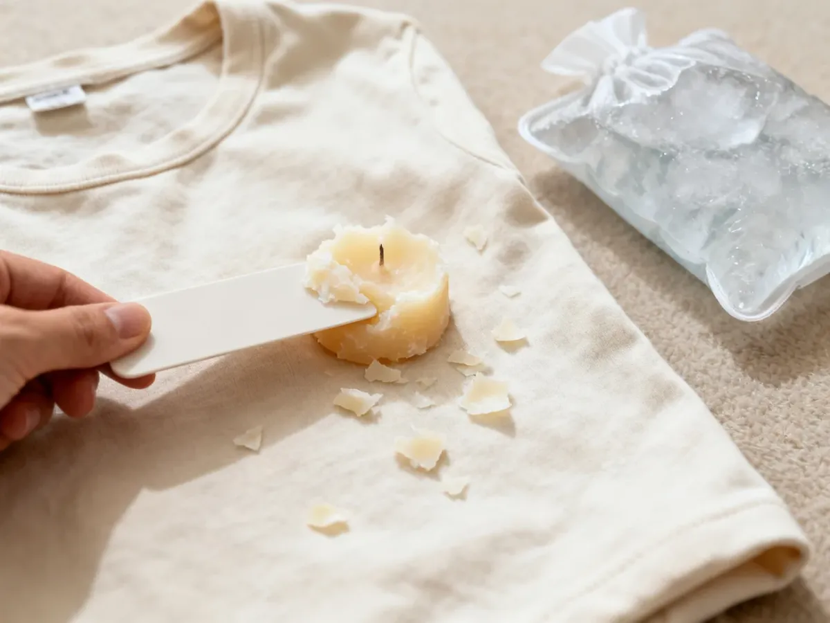 Delikatne skrobanie zastygłego wosku z ubrania plastikową kartą