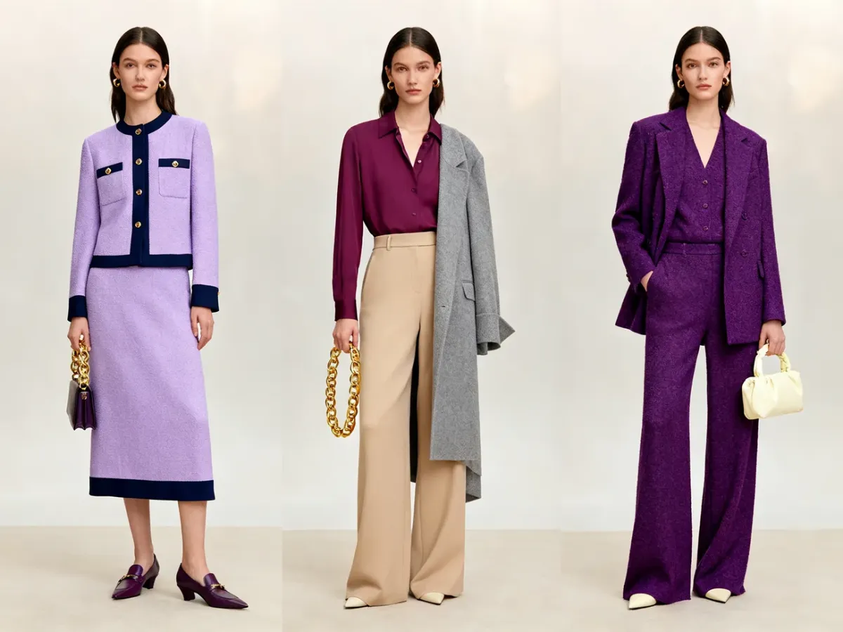 Trzy stylizacje z lawendowym, śliwkowym i purpurowym fioletem