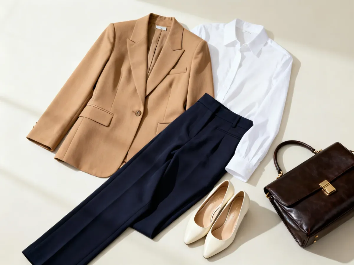 Camelowa marynarka w eleganckiej stylizacji do biura