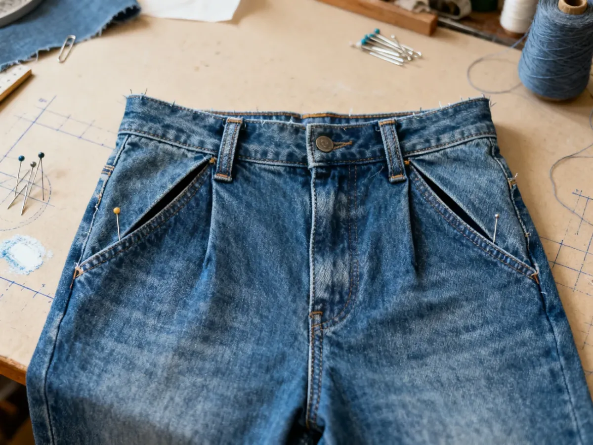 Jeans with pinned symmetrical darts prepared for waist alteration