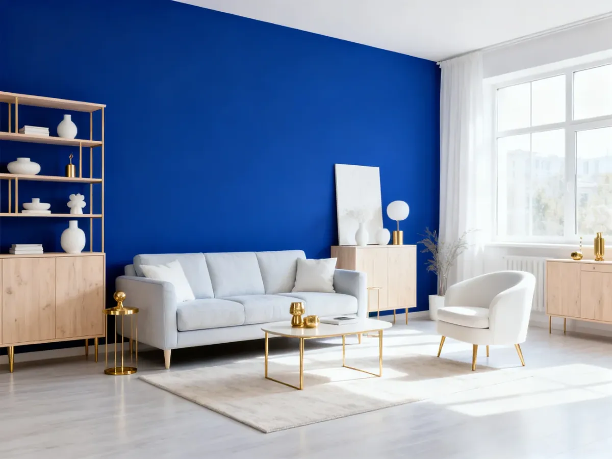 Jasny salon z kobaltową ścianą akcentową i neutralnymi dodatkami