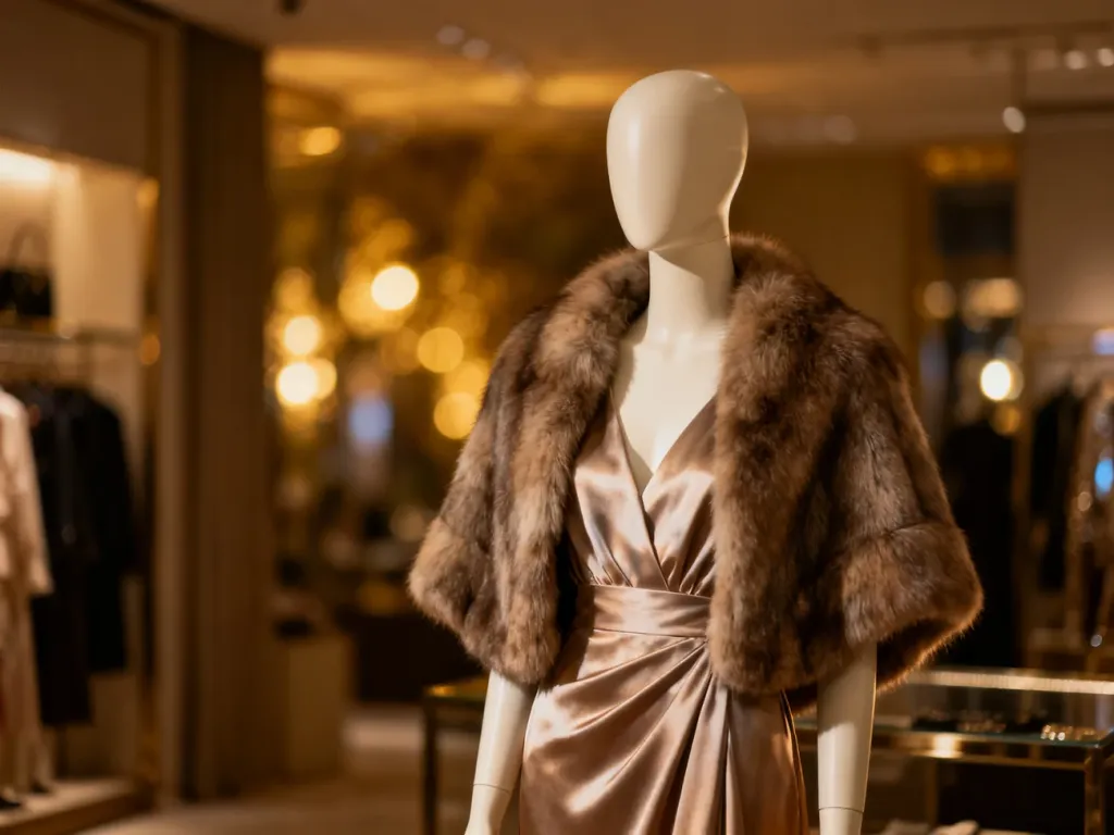 Elegancka etola ze sztucznego futra narzucona na jedwabną sukienkę wieczorową, prezentowana na manekinie w butiku.