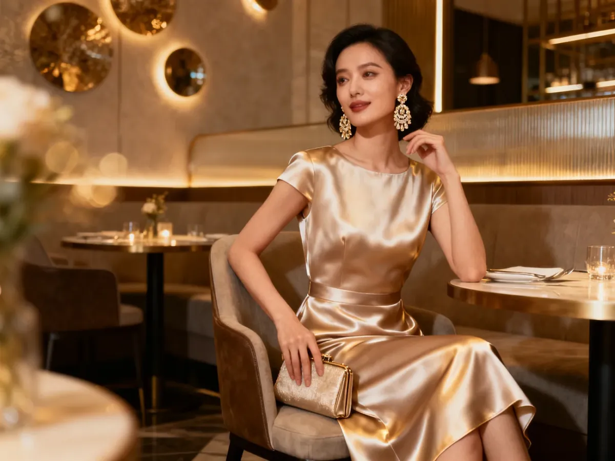 Elegancka stylizacja z satynową sukienką midi w restauracji