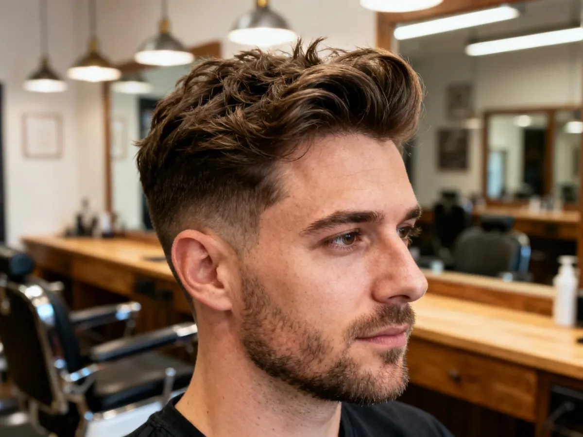 Mężczyzna z teksturowaną fryzurą messy look i lekkim uniesieniem na górze