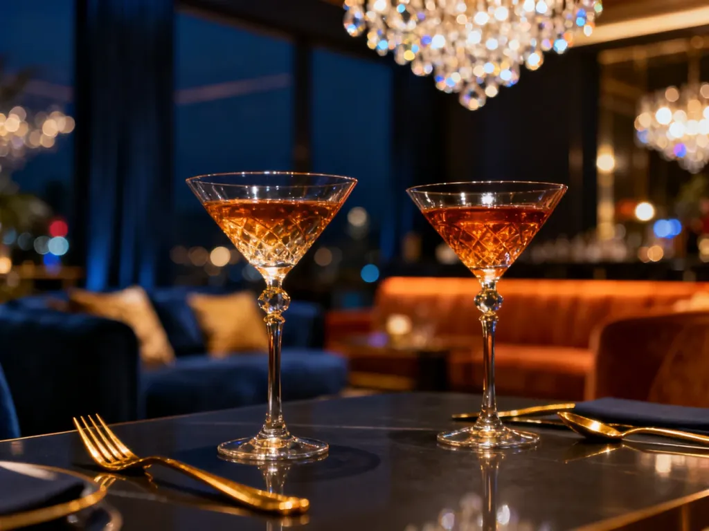 Eleganckie nakrycie stołu w luksusowej restauracji z ciepłym oświetleniem, idealne na świętowanie 40. urodzin.