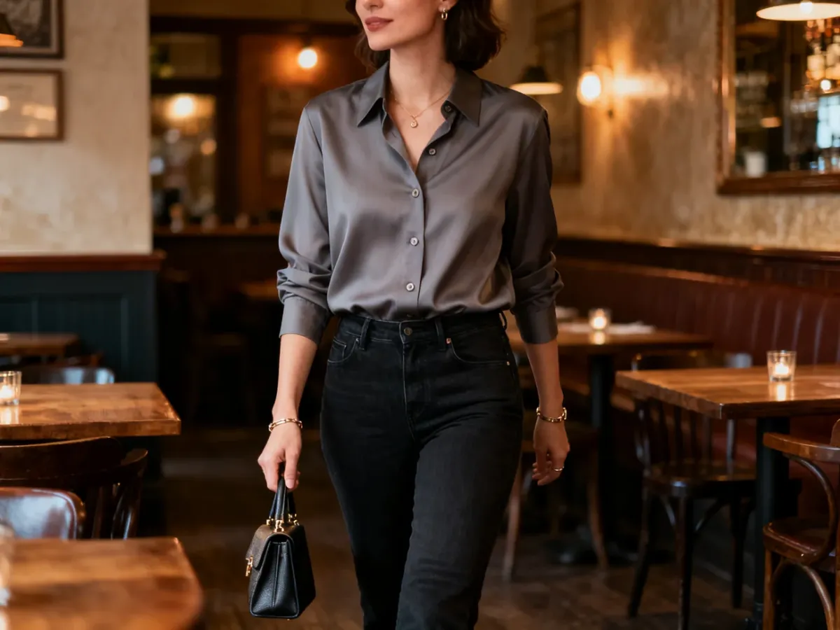 Kobieta w ciemnych jeansach i eleganckiej koszuli