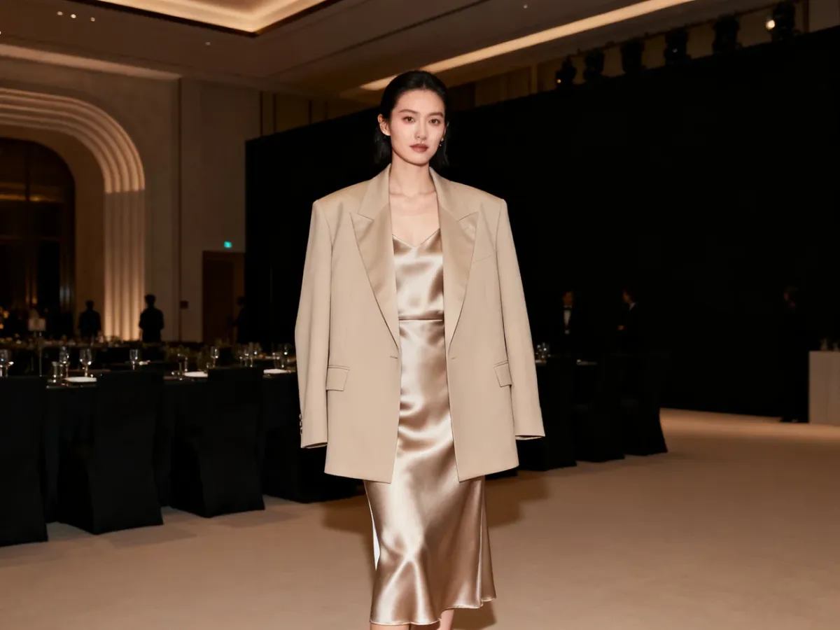 Kobieta w satynowej sukience midi i eleganckiej marynarce oversize