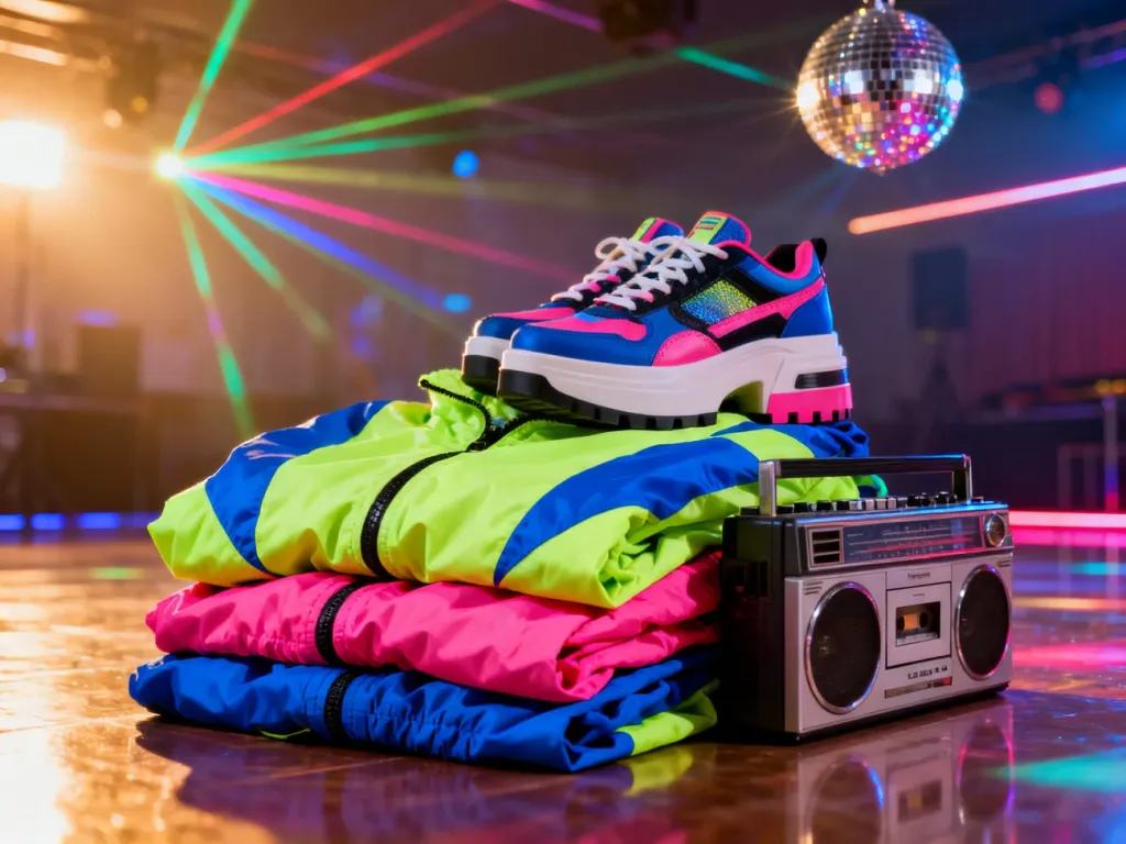 Stylizacje w stylu lat 90.: neonowa wiatrówka, masywne buty na platformie i magnetofon na tle dyskotekowej kuli.