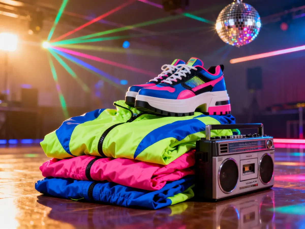 Stylizacje w stylu lat 90.: neonowa wiatrówka, masywne buty na platformie i magnetofon na tle dyskotekowej kuli.