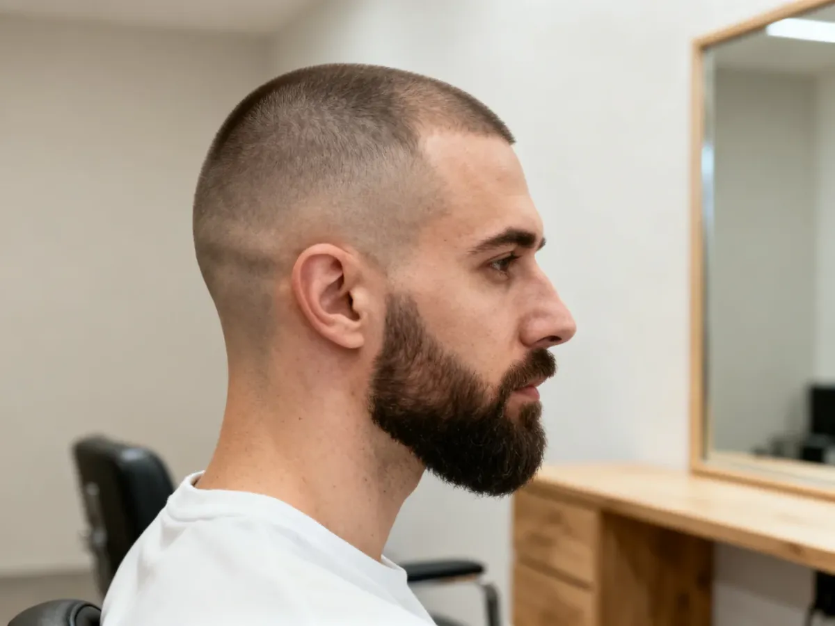 Mężczyzna z bardzo krótkim cięciem Buzz Cut i zadbaną brodą