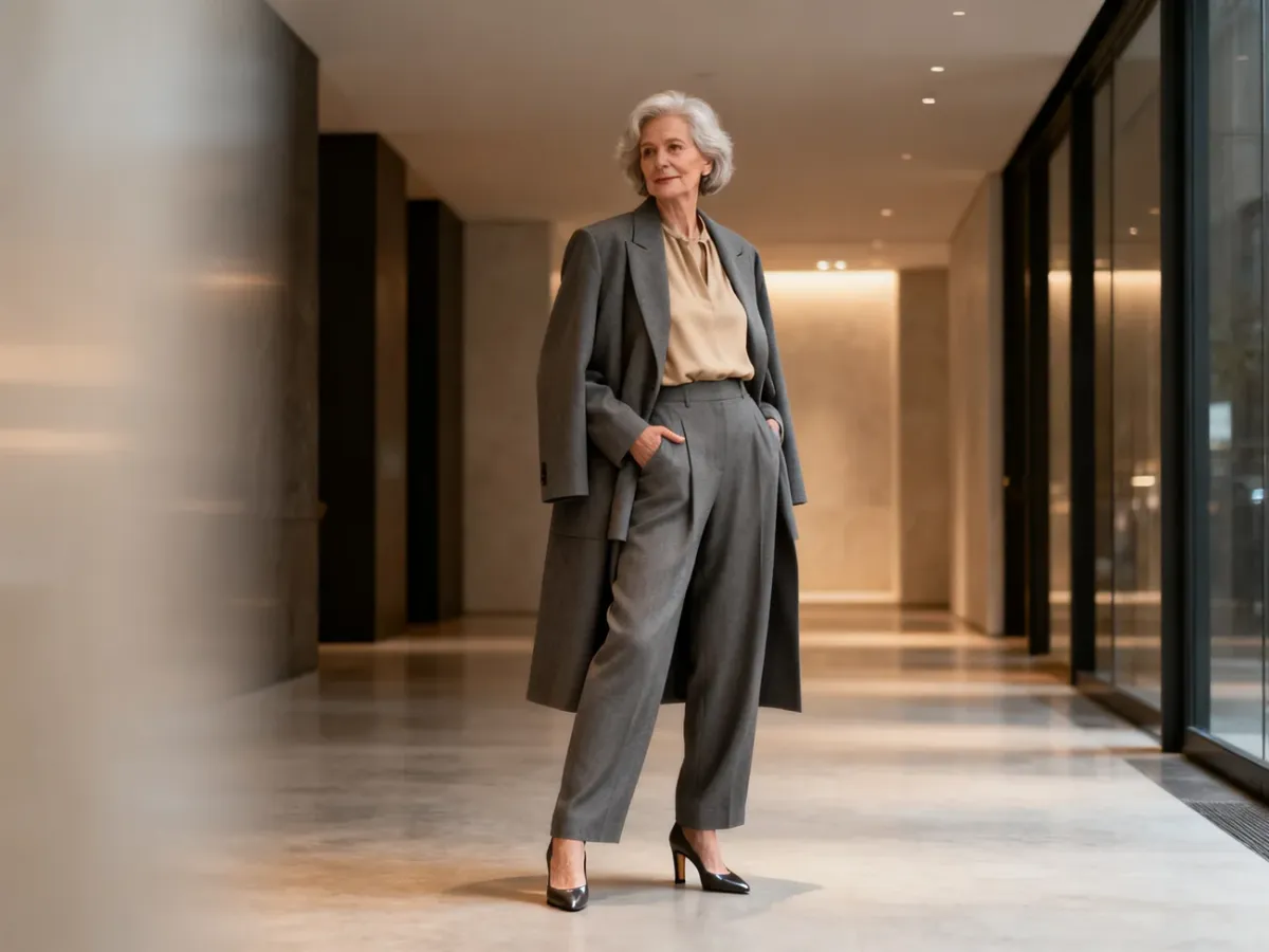 Kobieta po 60. roku życia w eleganckim garniturze oversize