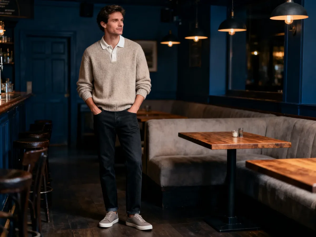 Mężczyzna w swobodnym stroju smart casual w pubie