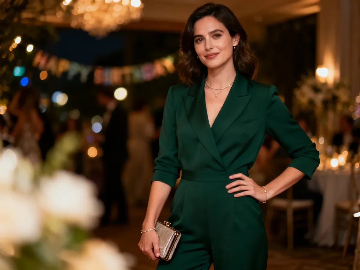 Kobieta w eleganckim kombinezonie z kopertówką