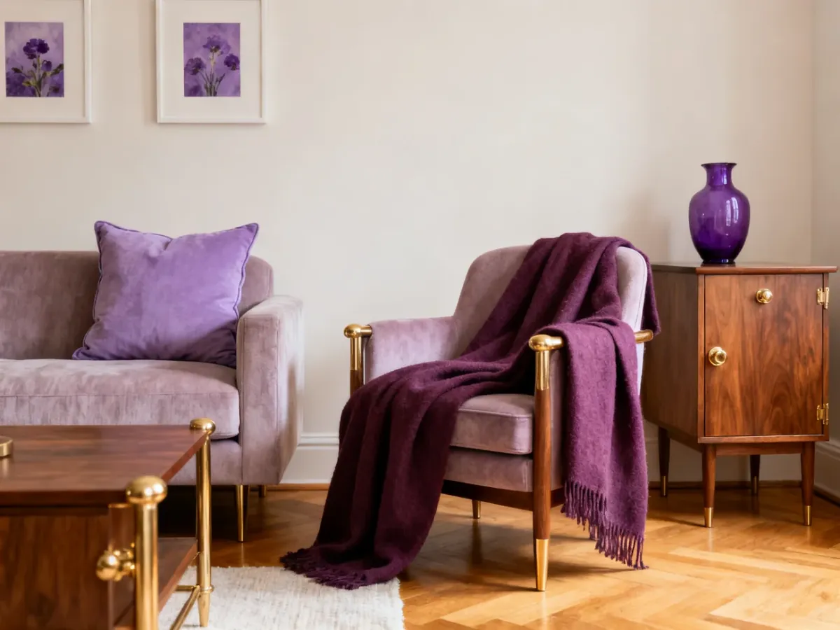 Salon z fioletowymi dodatkami, drewnem i mosiężnymi detalami