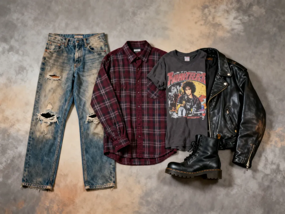 Zestaw ubrań w stylu grunge z flanelową koszulą, dżinsami i ciężkimi butami