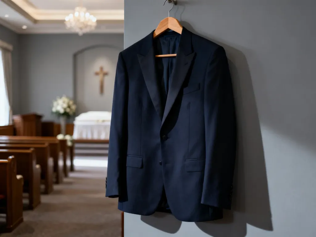 Elegancka, granatowa marynarka garniturowa zawieszona na wieszaku w stonowanym, pełnym powagi wnętrzu.