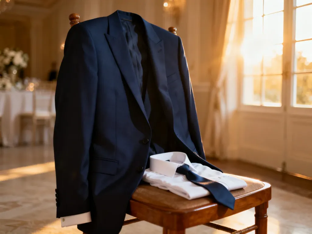 Elegancki granatowy garnitur z koszulą i krawatem przygotowany na ślub cywilny w jasnym, słonecznym wnętrzu.