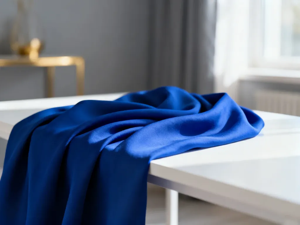 Elegancko udrapowana tkanina w kolorze kobaltowym na minimalistycznym białym tle, podkreślająca głębię i nasycenie barwy.