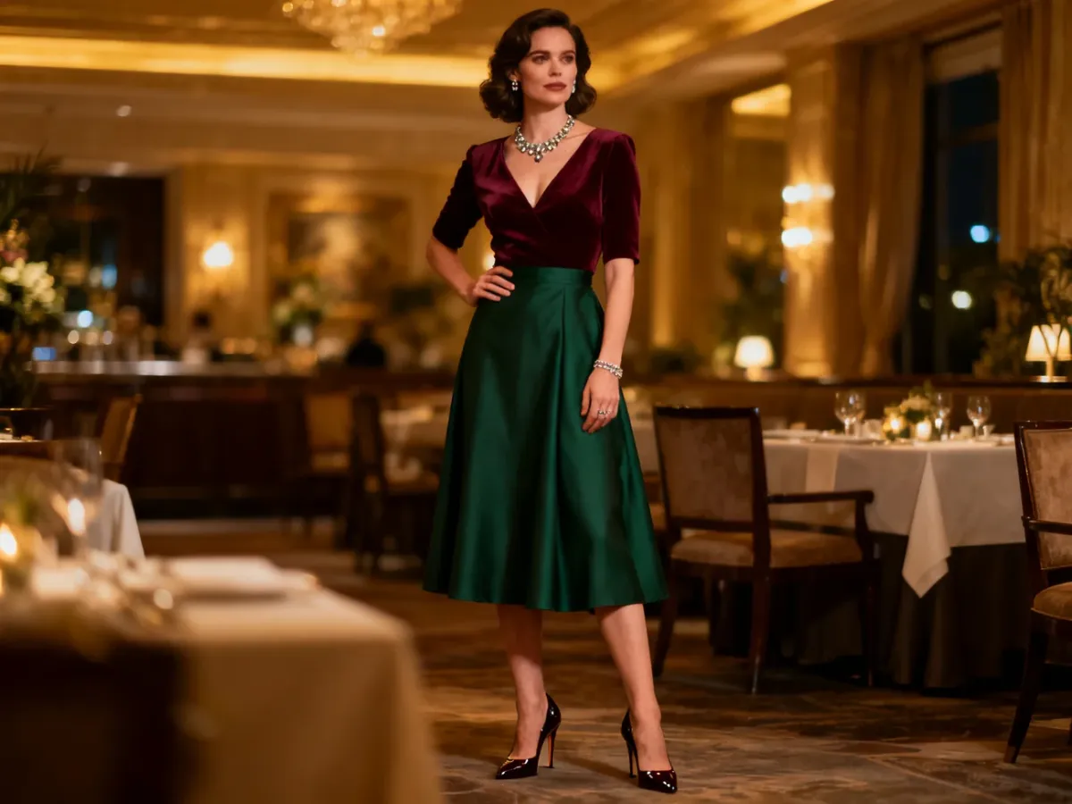 Kobieta w eleganckiej sukience midi na uroczystą kolację