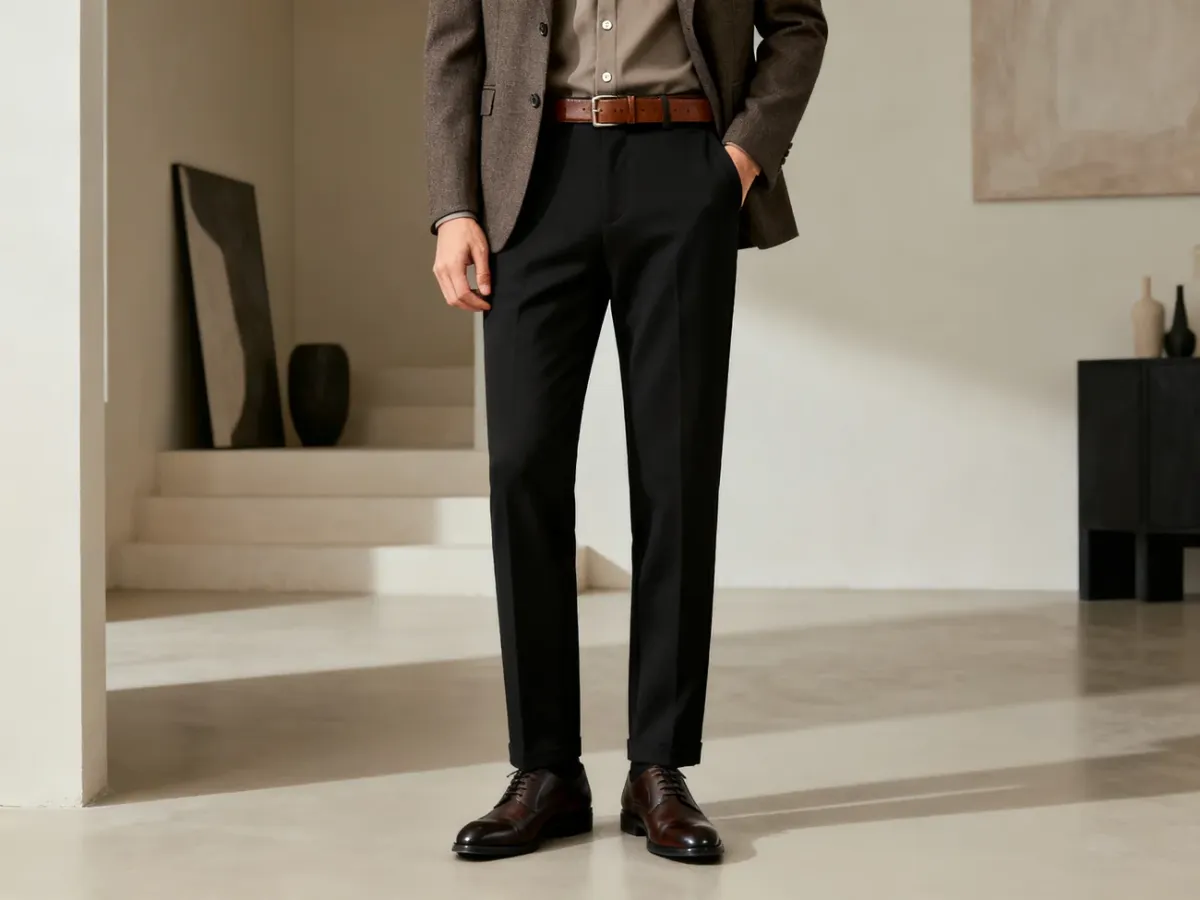 Męska stylizacja smart casual z czarnymi spodniami i ciemnobrązowymi butami